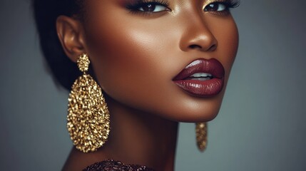 Close-up portrait of a beautiful young woman with flawless makeup wearing large gold earrings.