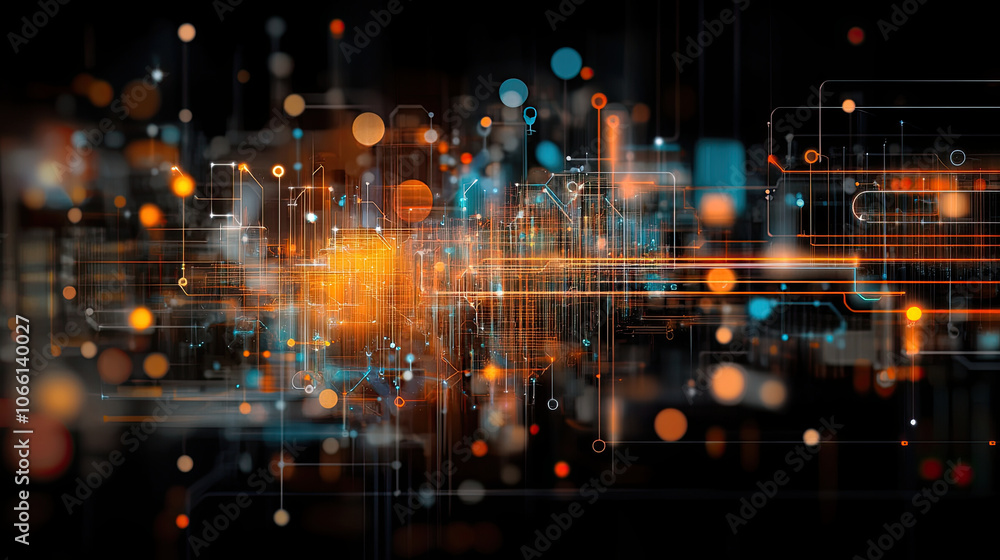 Poster intricate digital abstract design representing ai technology with vibrant colors and glowing lines, 