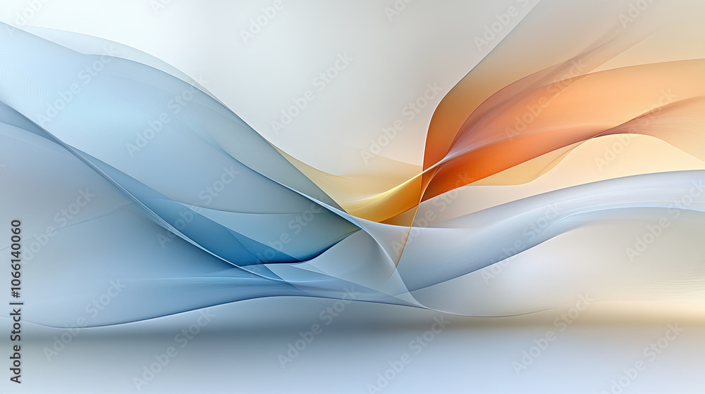 Poster intricate digital abstract visualization with flowing waves in blue and orange hues, creating serene