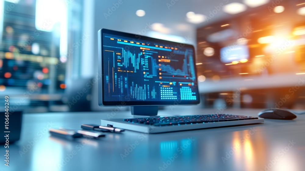Poster modern office workstation with computer monitor and keyboard business technology concept