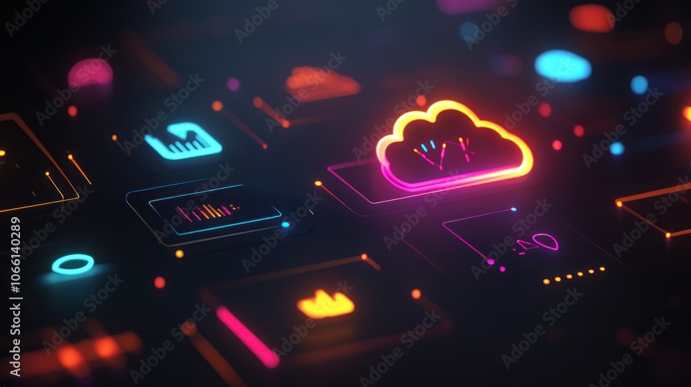 Poster neon cloud icon on abstract digital interface
