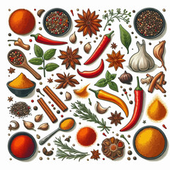 Spices (Cumin, Paprika, Turmeric, etc.) set vector illustration