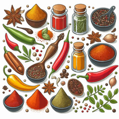Spices (Cumin, Paprika, Turmeric, etc.) set vector illustration