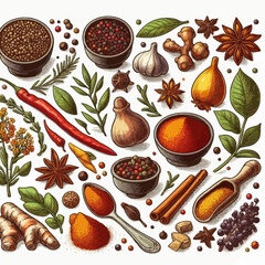 Spices (Cumin, Paprika, Turmeric, etc.) set vector illustration