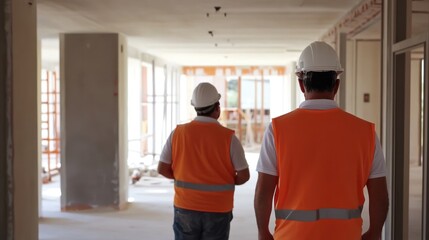 Two Construction Workers in Hard Hats and Safety Vests Walking Through a Building Under Construction