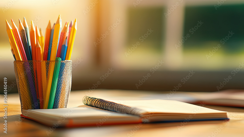 Poster artfully arranged pastel colored pens and pencils in container beside open notebook, creating vibran