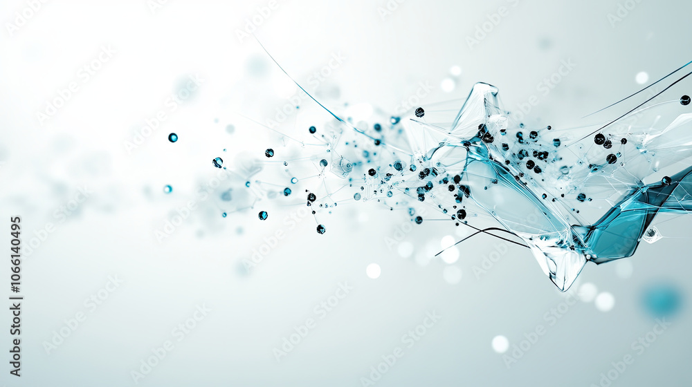 Poster sophisticated digital abstract design featuring flowing shapes and particles, creating sense of move