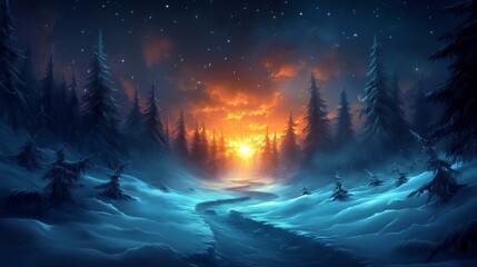 Mystical Winter Forest at Night