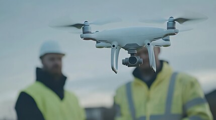 Drone flying over two construction workers wearing high-visibility vests