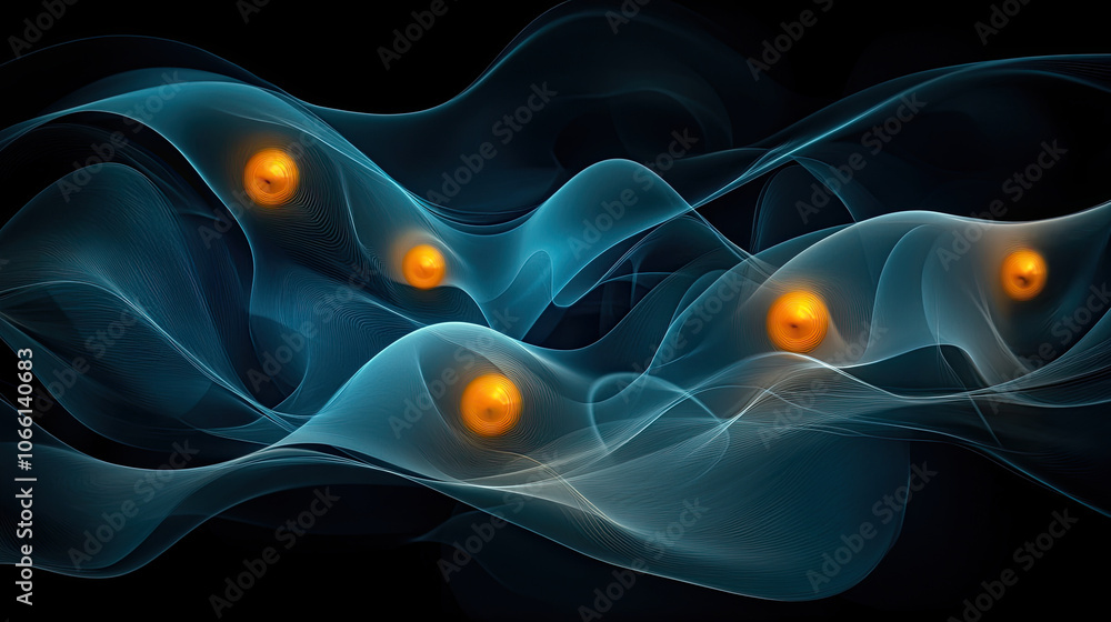 Poster sophisticated digital abstract design featuring flowing blue waves and glowing orange orbs, creating