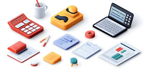 Set, Collection of Office Icons, Accounting, Colorful, on White Background, 9:16 and 16:9 Format