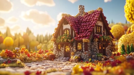 Stone Cottage with Red Roof in Autumn Landscape