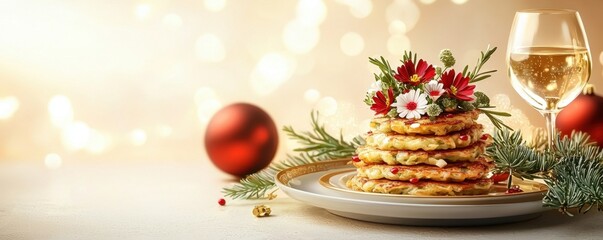Hanukkah latkes meal concept. A festive stack of pancakes decorated with flowers and surrounded by holiday ornaments complementing a glass of wine on a soft glowing background