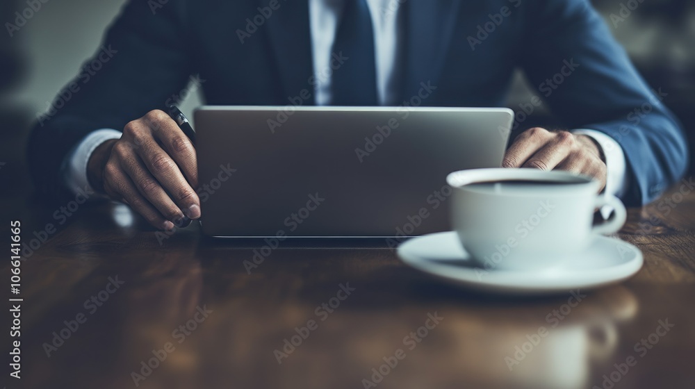 Poster a close-up view of a man's hands using a laptop with a cup of coffee in the foreground