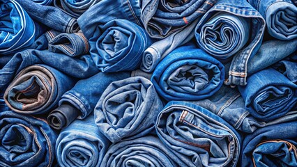 A tightly woven tapestry of indigo hues, each roll of denim a distinct story of wear and tear, whispering of countless adventures and faded memories.