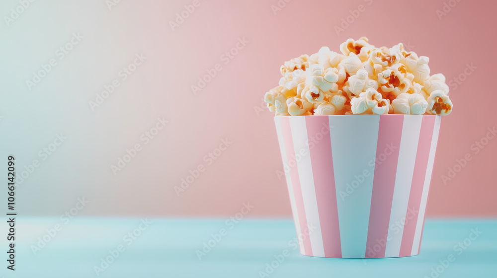 Poster caramel popcorn in striped container on gradient background