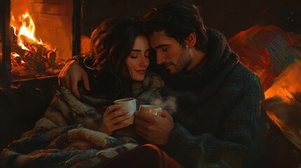 A couple sitting by a fireplace, she rests against her partner while wrapped in a cozy blanket, both holding mugs and talking intimately 