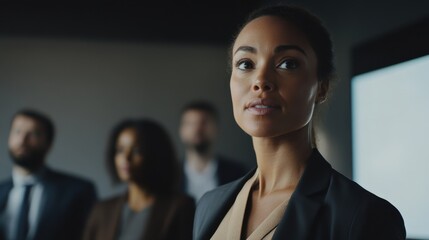 Obraz premium A woman in a business suit is looking at the camera. Generative AI