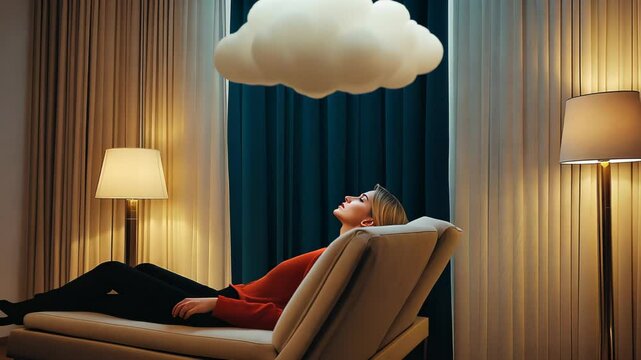 Elegant bedroom interior with rich burgundy walls, illuminated by warm golden table lamps. Contemporary chaise lounge features modern design. Floating cloud element adds whimsical surreal touch. 