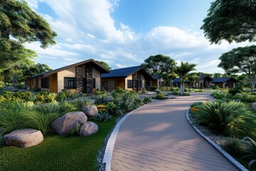 3D-rendered rural community center with healthcare and educational facilities, symbolizing accessible services