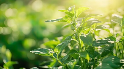 Obraz premium Close up of green plant leaves in a field of growing crops on a bright sunny day.