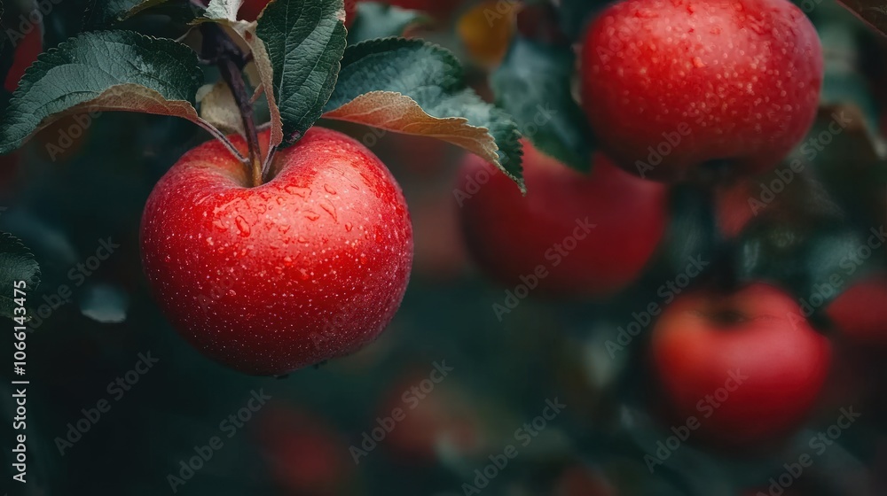 Poster close-up of ripe red apples on a tree branch.