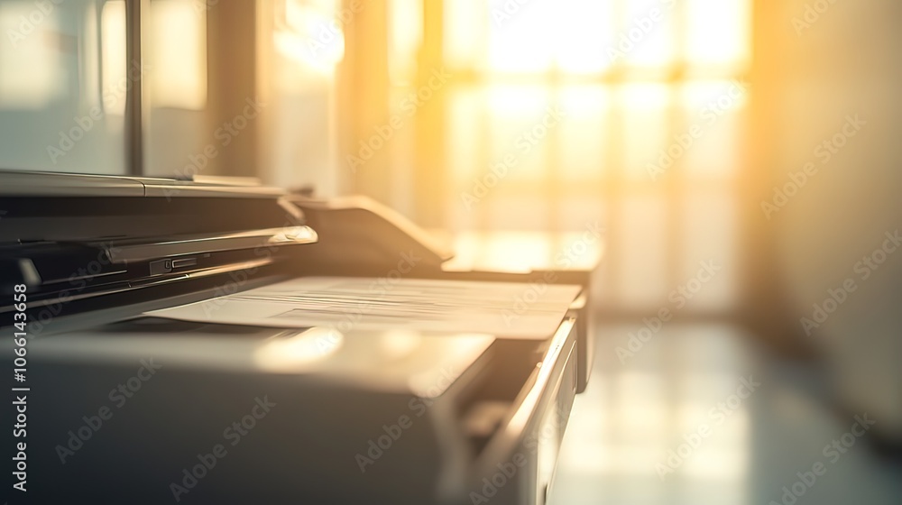 Poster close-up of a document being scanned on a multifunction printer in an office, with warm sunlight str