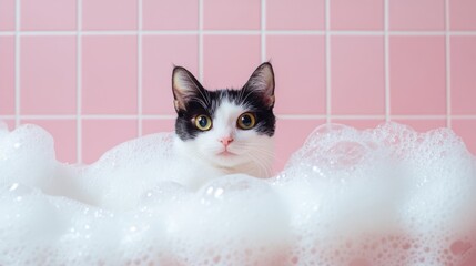 A cute cat kitten in bath with soap foam on glossy pink tile fashion background. adorable pet portrait shampoo pet grooming salon spa wallpaper 