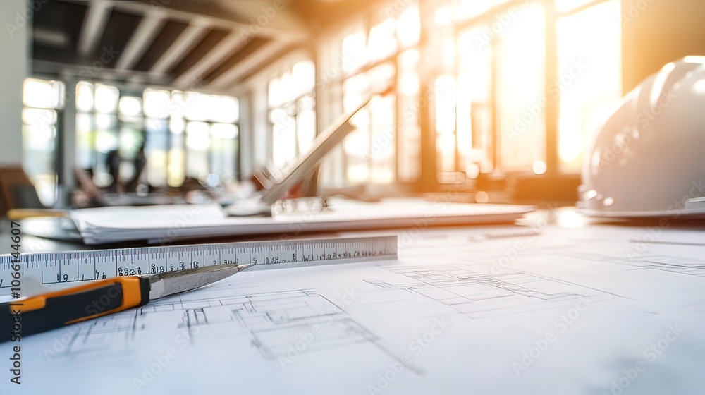Aufkleber close-up of architectural blueprints with a ruler, scissors, and a hardhat on a desk with a bright w