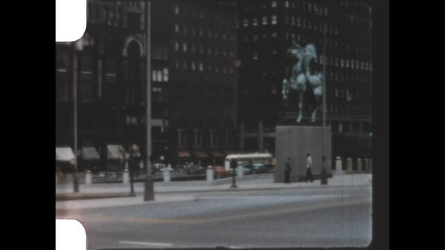 The Bowman In Chicago 1957 - The Bowman, one of two bronze sculptures of Native American warriors in  the Congress Plaza section of Grant Park, in Chicago, Illinois, is seen in 1957.