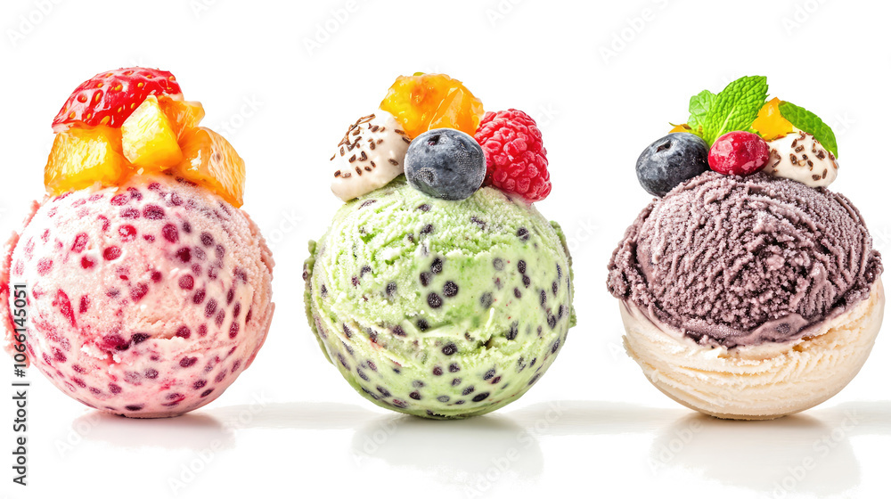 Poster assorted ice cream scoop balls with fruit toppings on a clear backdrop generative ai