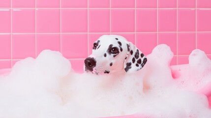 A cute dalmatian dog in bath with soap foam on glossy pink tile fashion background. adorable pet portrait shampoo pet grooming salon spa wallpaper