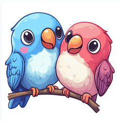 Obraz premium Cute blue and pink lovebirds perched on a branch clip art cartoon illustration