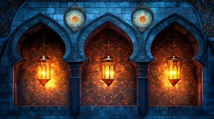 Obraz premium Islamic Architecture with Lanterns, mosque, lamps, arches, blue, gold