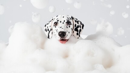 A cute dalmatian dog in bath with soap foam on glossy white refreshing fashion background. adorable pet portrait shampoo pet grooming salon spa wallpaper