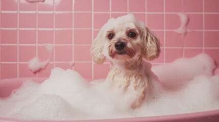 A cute dog in bath with soap foam on glossy pink tile fashion background. adorable pet portrait shampoo pet grooming salon spa wallpaper