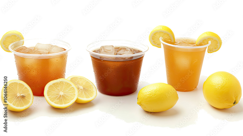 Poster refreshing iced teas in cups with lemon slices on a clear background generative ai