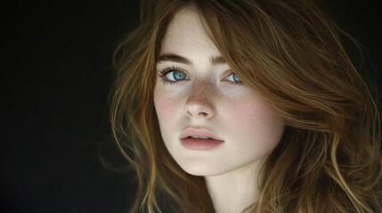 Fototapeta premium Close-up portrait of a young woman with red hair and blue eyes looking at the camera.