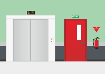 Vector illustration of elevator doors and emergency exits in a building fire extinguisher facility. © wijas