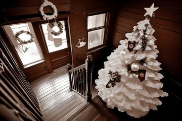 Obraz premium A sepia-toned Christmas tree scene with antique decorations, creating a retro holiday feel