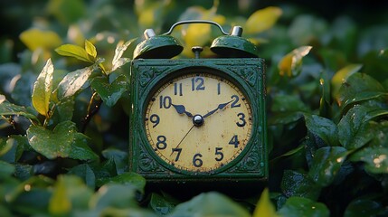 A vintage green alarm clock sits amongst lush green foliage, with dew drops on the leaves.