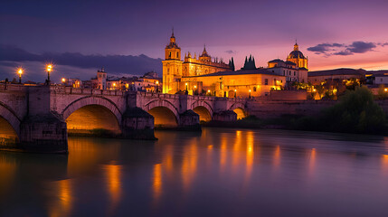 Fototapeta premium Stone Bridge Over River at Sunset with Church in Background, water, dusk, twilight, evening, night