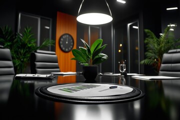 A team meeting in a corporate boardroom, discussing strategies for deleveraging, with financial reports and graphs on the table