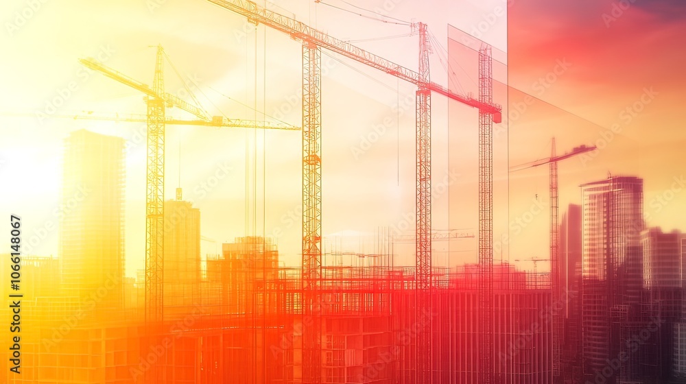 Aufkleber double exposure of construction cranes and a city skyline at sunset, creating an abstract image of p
