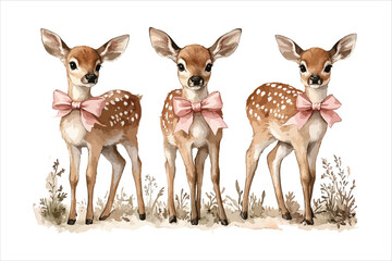 Cute watercolor Christmas deer with a pink bow. Cute Pink Christmas Reindeer