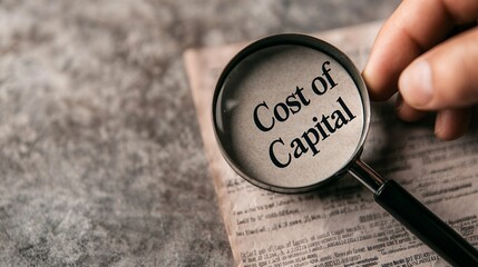 A hand holds a magnifying glass over text that reads "Cost of Capital," highlighting a financial concept related to investment and business.