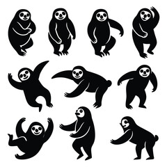 black sloths silhouette cliparts in different