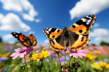 Obraz premium Field of wildflowers with bees, butterflies, and other pollinators active in the scene, capturing biodiversity in action