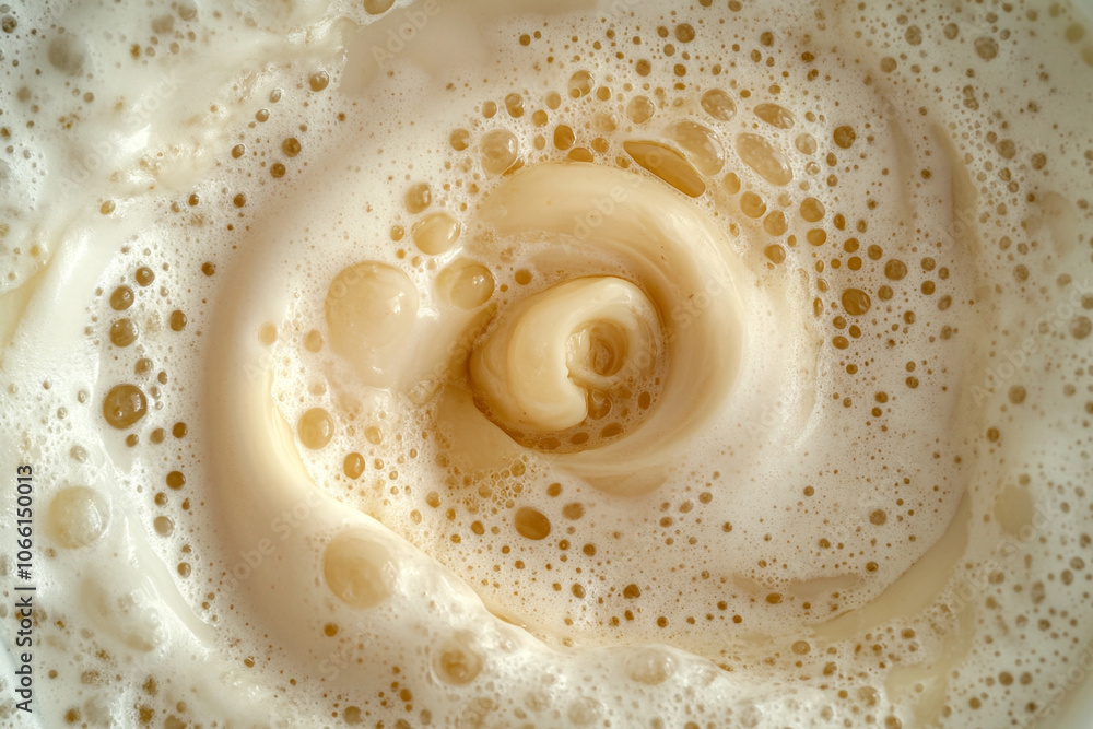 Poster top view of creamy milk puree vortex with swirling patterns and bubbles, creating mesmerizing texture. frothy surface adds dynamic and artistic touch to composition
