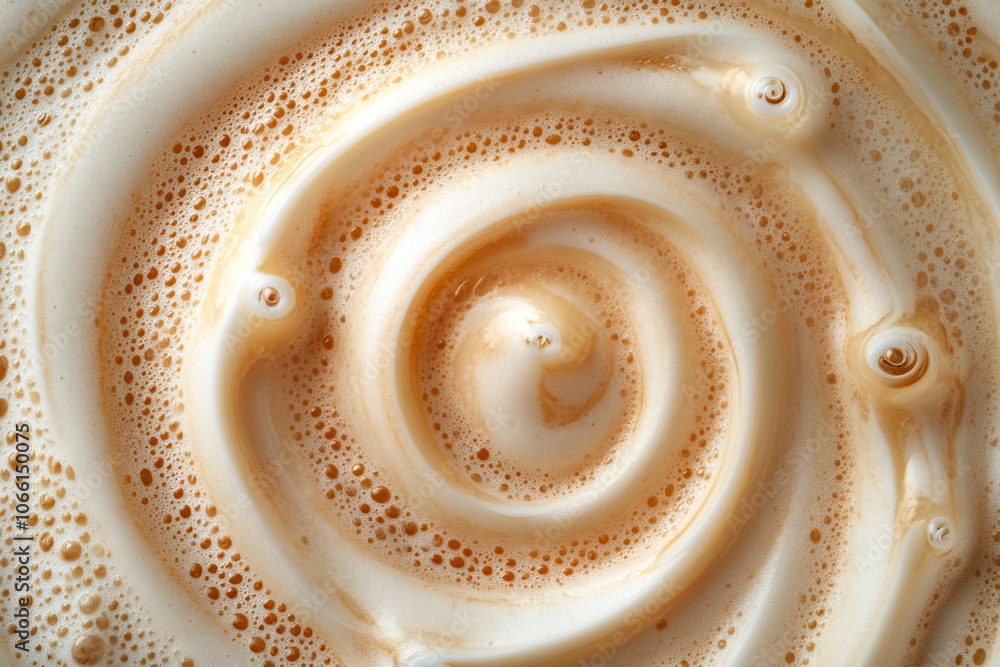 Poster mesmerizing top view of swirling milk vortex with creamy textures and frothy bubbles, creating captivating spiral pattern